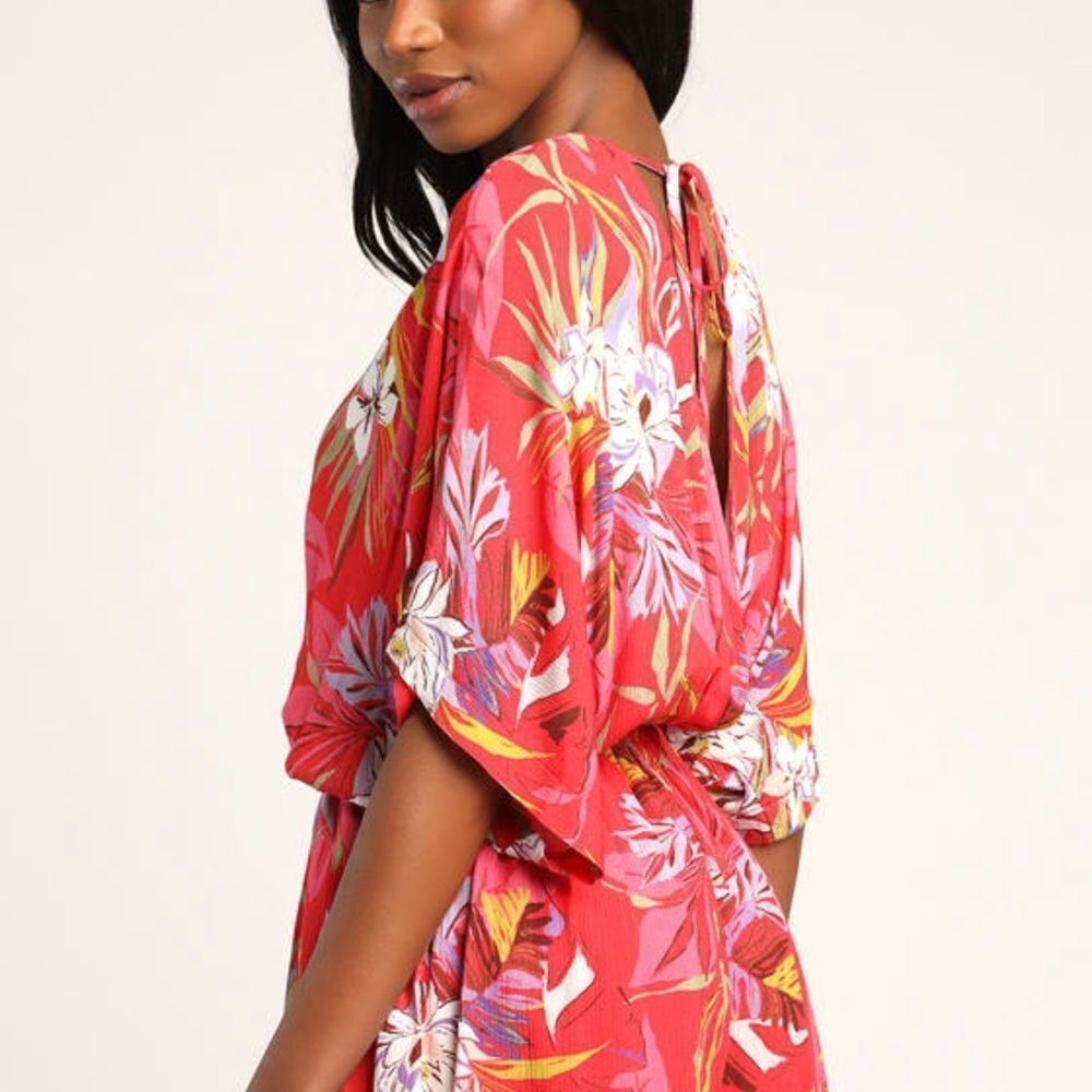 Lulu's Festival Flirt Red Tropical Print Dolman Sleeve Romper Size XL NWT - Picture 3 of 13